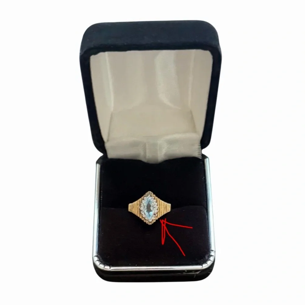 Vintage 14K Yellow Gold Marquise Blue Topaz and Diamond Halo Ring Size 6.5